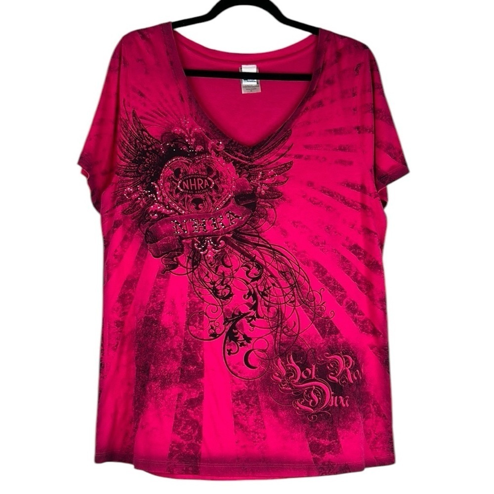 NHRA Championship Drag Racing 90's Y2K Hot Pink V-Neck Short Sleeve Top Size XL